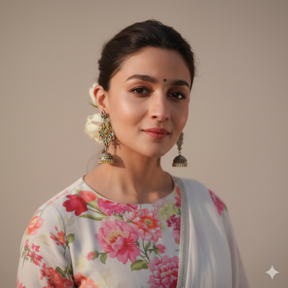 Dual Tone Peacock Gemstone German Silver Jhumki Earrings