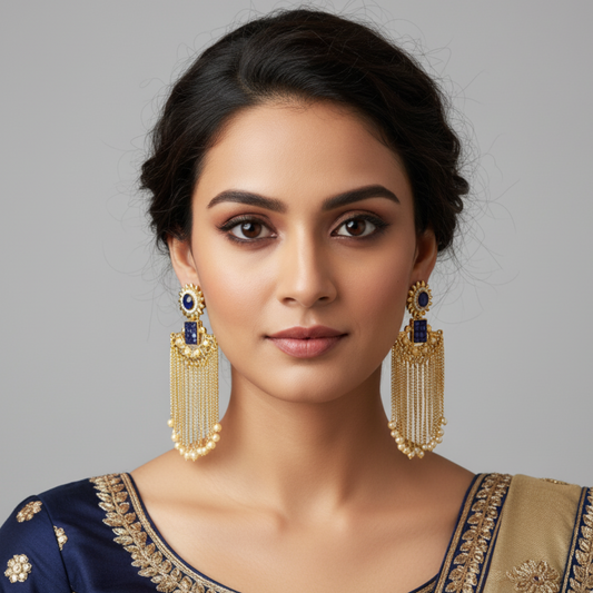 Woman wearing gold earrings with blue stones against a gray background