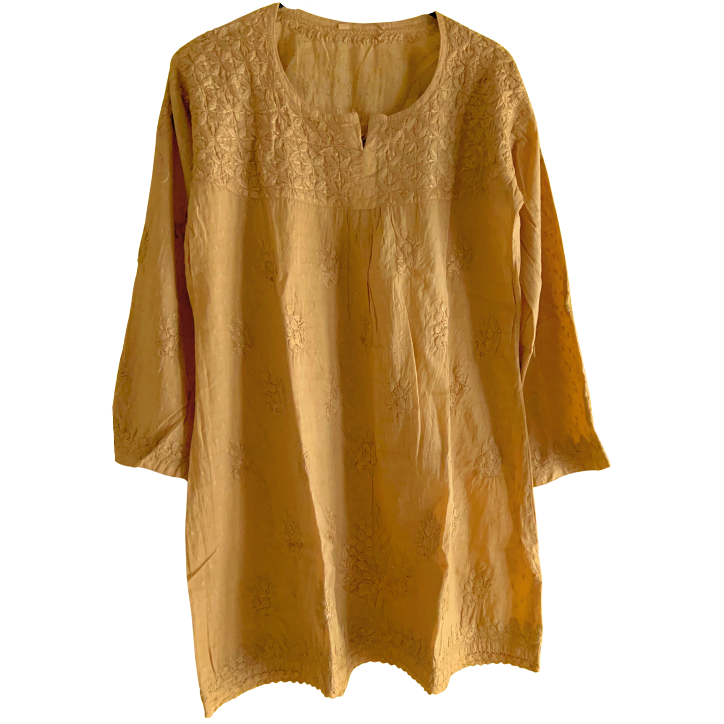 Short Golden Chikan Kurti with Pleated Neck Embroidery