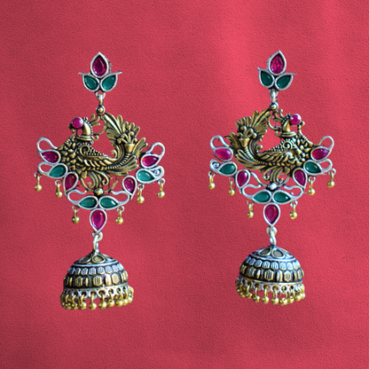 Dual Tone Peacock Gemstone German Silver Jhumki Earrings