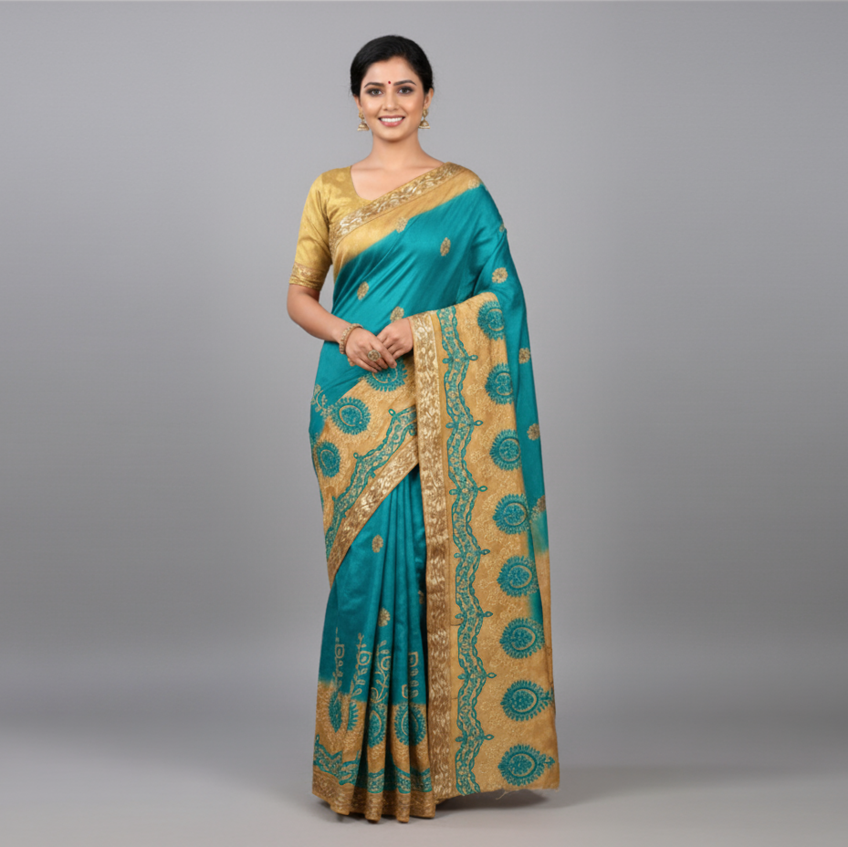 Shaded Beige Color Jacquard Silk Saree with Embroidery