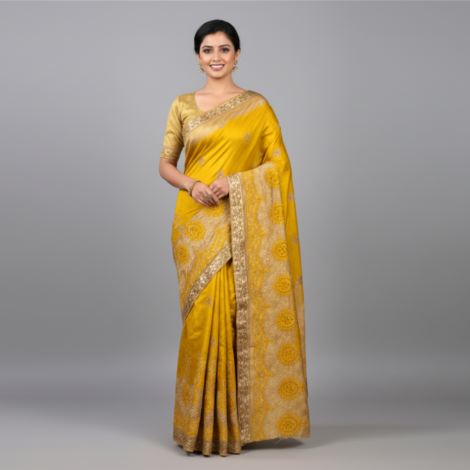 Shaded Beige Color Jacquard Silk Saree with Embroidery