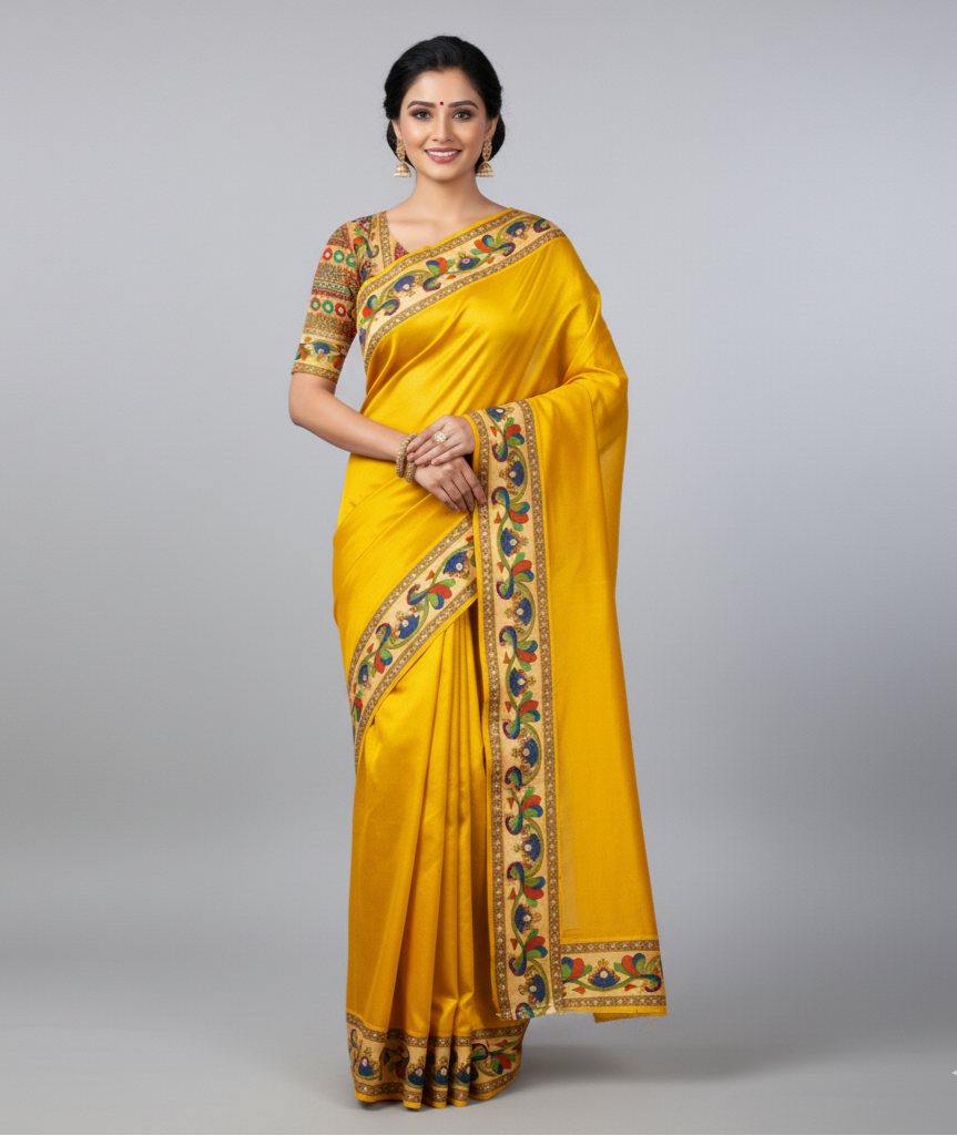 Woman wearing a yellow saree with intricate patterns on a gray background