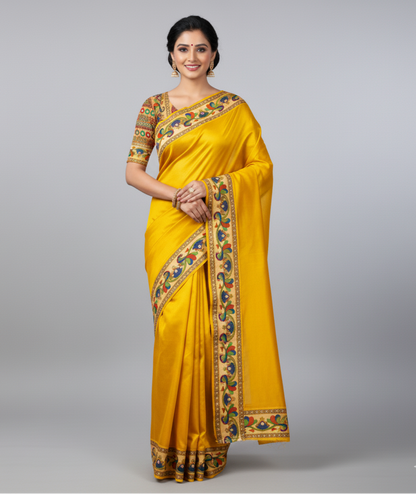 Woman wearing a yellow saree with intricate patterns on a gray background