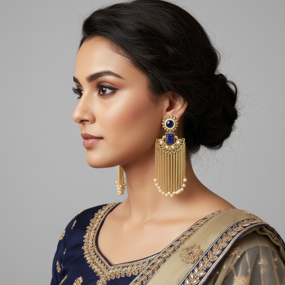 Woman wearing a traditional saree with gold and blue jewelry against a gray background