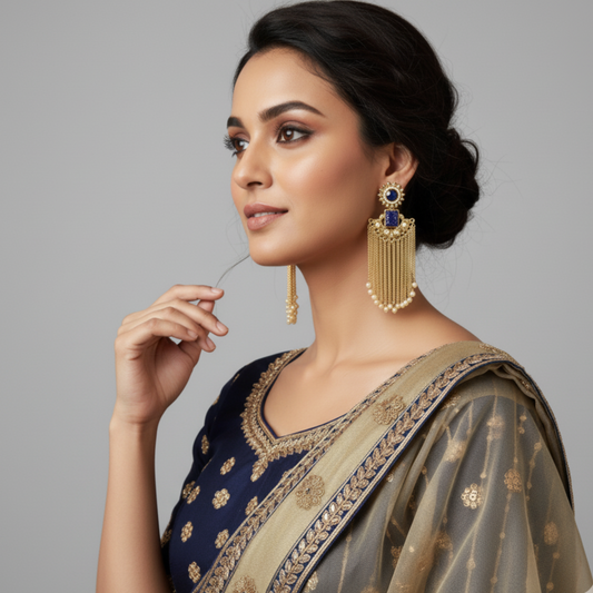 Woman wearing a traditional saree with gold and blue jewelry on a gray background