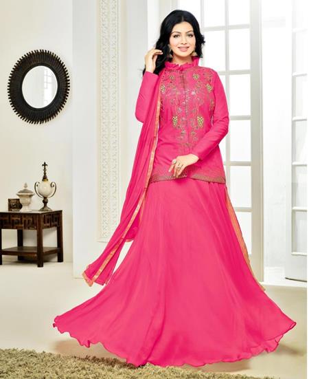 Attractive Pink Semi Stitched Embroidered Lehenga Skirt cum Salwar Suit - GlitterGleam