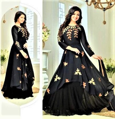 Designer Semi Stitched Black Layered Lehenga Skirt cum Salwar Suit with Resham Embroidery - GlitterGleam