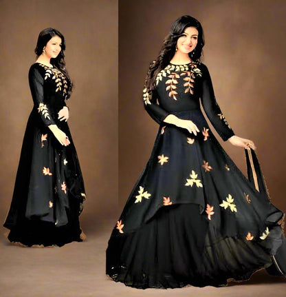 Designer Semi Stitched Black Layered Lehenga Skirt cum Salwar Suit with Resham Embroidery - GlitterGleam