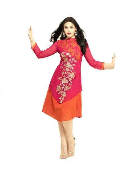 Designer Pink and Orange Layered Kurti with Embroidery