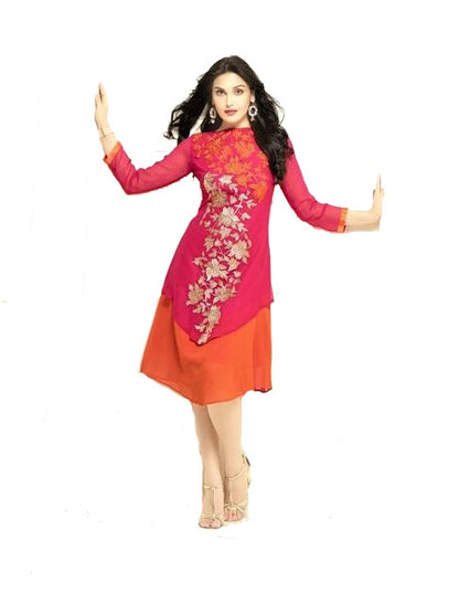 Designer Pink and Orange Layered Kurti with Embroidery - Glitter Gleam