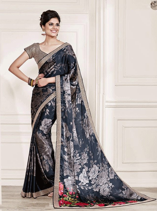 Black Floral Print Crepe Saree with Sequin Border and Blouse - GlitterGleam