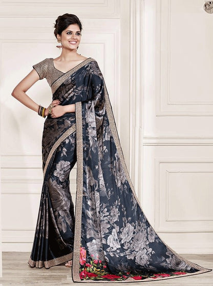 Black Floral Print Crepe Saree with Sequin Border and Blouse - GlitterGleam