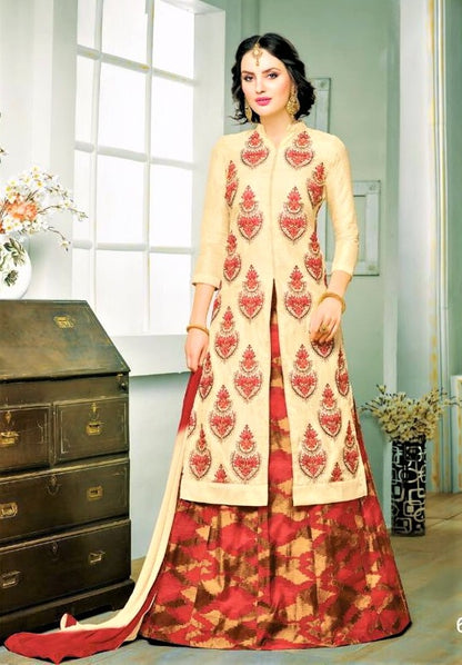 Semi-Stitched Beige Colored Silk Lehenga Skirt - GlitterGleam