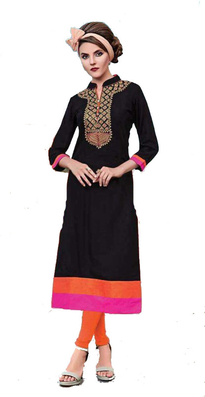Black Rayon Cotton Kurti with Zari Embroidery - Glitter Gleam