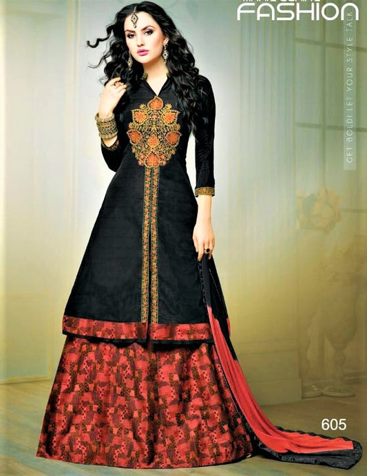 Designer Black and Red Silk Semi-Stitched Lehenga Skirt - GlitterGleam