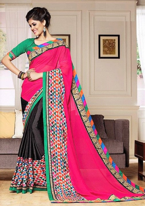 Designer Pink and Black Multicolored Urban Print Georgette Half-Half Saree - GlitterGleam