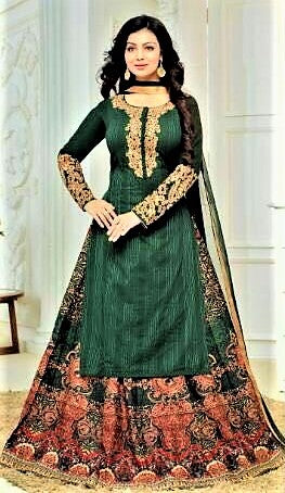 Semi Stitched Embroidered Green Lehenga Skirt cum Salwar Suit - GlitterGleam