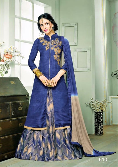 Semi Stitched Blue Silk Lehenga Skirt - GlitterGleam