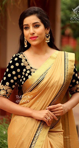 Designer Gold Color Cotton Silk Saree with Heavy Black Blouse - GlitterGleam