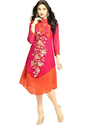 Designer Pink and Orange Layered Kurti with Embroidery - Glitter Gleam