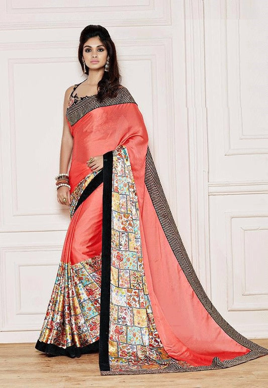 Designer Orange and Black Crepe Saree with Velvet and Embroidered Border - GlitterGleam