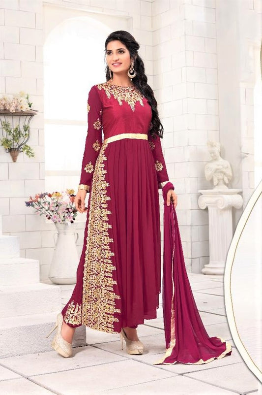 Designer Maroon Colored Pleated Side Slit Suit - GlitterGleam