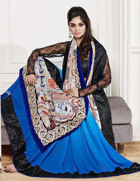 Designer Blue Shaded Georgette and Crepe Half-Half Saree - GlitterGleam