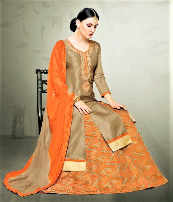 Semi-Stitched Golden Brown Silk Lehenga Skirt - GlitterGleam