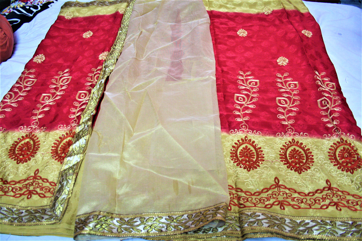 Shaded Beige Color Jacquard Silk Saree with Embroidery - GlitterGleam