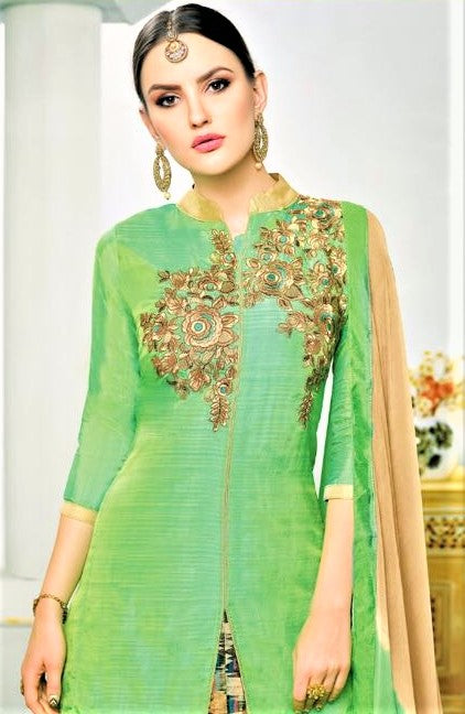 Dual Shade Green Colored Semi-Stitched Silk Lehenga Skirt - GlitterGleam
