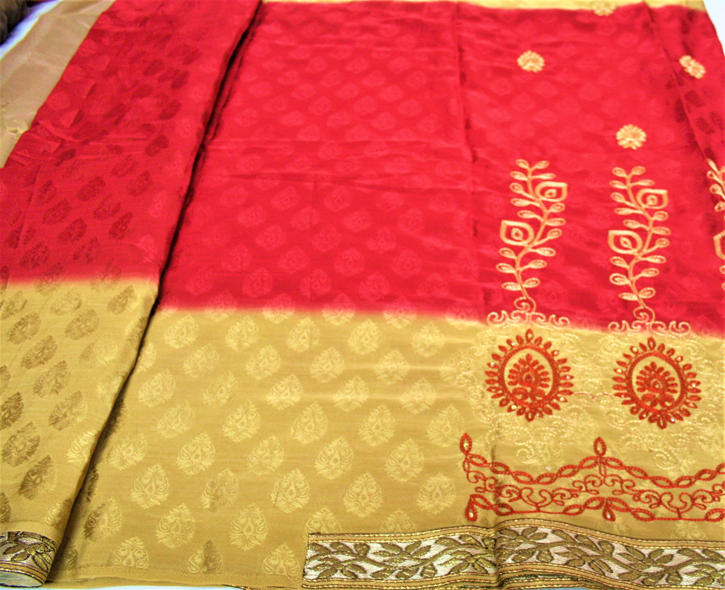 Shaded Beige Color Jacquard Silk Saree with Embroidery - GlitterGleam