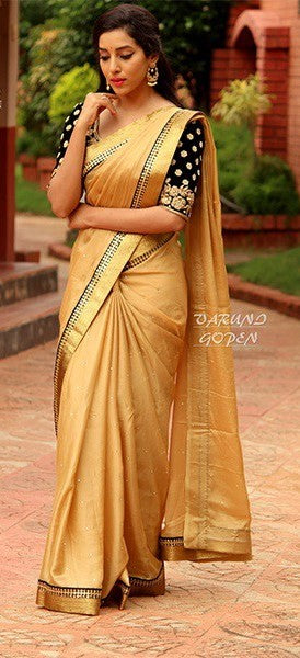 Designer Gold Color Cotton Silk Saree with Heavy Black Blouse - GlitterGleam