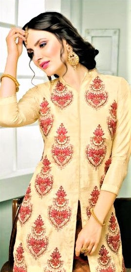 Semi-Stitched Beige Colored Silk Lehenga Skirt - GlitterGleam