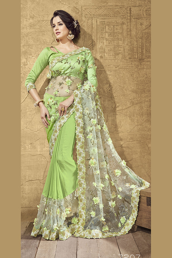 Graceful Pastel Green Tissue Saree with Latest Floral Design - GlitterGleam
