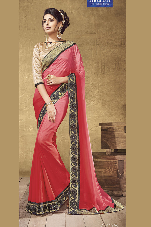 Shaded Pink Georgette Saree with Floral and Gota Border - GlitterGleam
