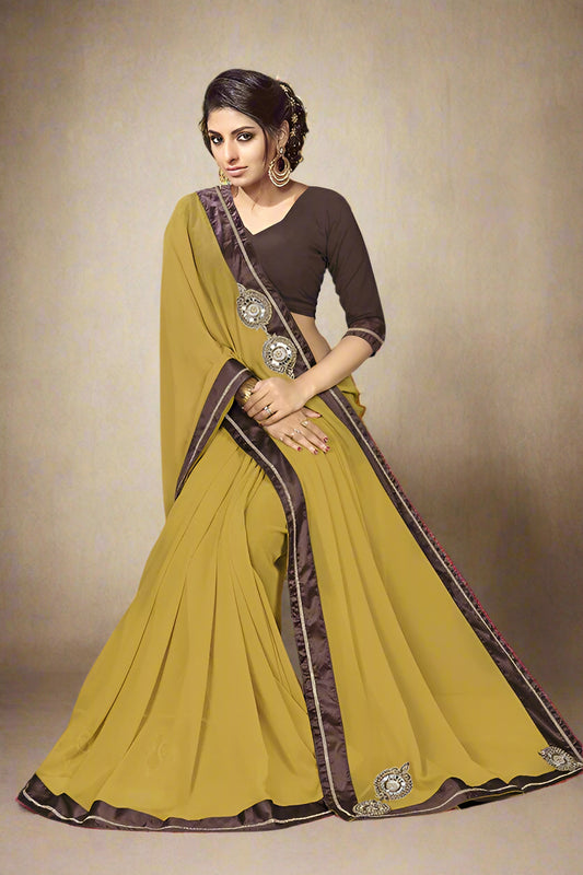 Designer Monochrome Olive Green Georgette Saree with Mirror and Zari work  and Brown Art Silk Border - GlitterGleam