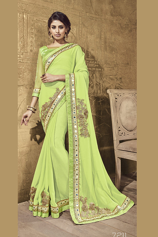 Pastel Green Mirror Work Style Georgette Saree with Art Silk Border and Designer Blouse - GlitterGleam