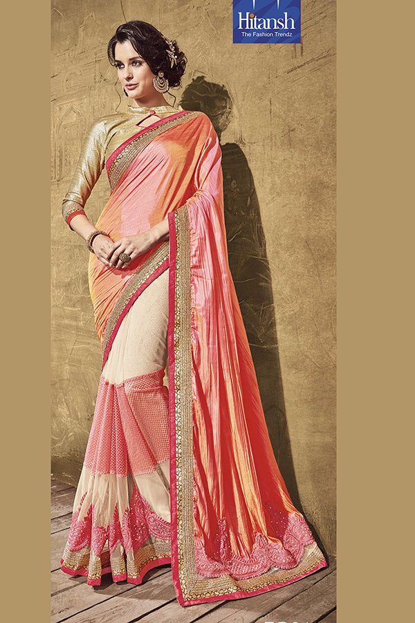 Designer Multicolored Silk, Net, Georgette and Viscose Combination Saree - GlitterGleam