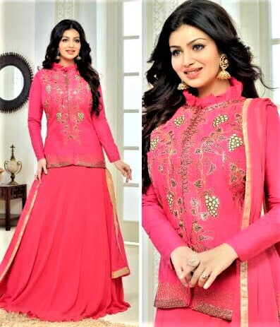 Attractive Pink Semi Stitched Embroidered Lehenga Skirt cum Salwar Suit - GlitterGleam