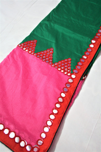 Miror Work Style Cotton Silk Saree with Red Border and Blouse - GlitterGleam