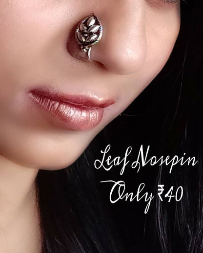 Silver Oxidized Large Leaf Nose Push Pin - GlitterGleam