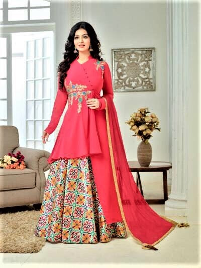 Designer Semi Stitched Embroidered Pink Layered Kurta and Lehenga Skirt cum Salwar Suit - GlitterGleam