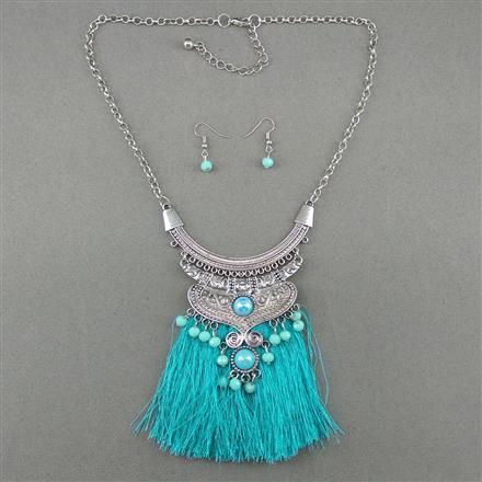 Boho gem studded thread tassel pendant necklace with earrings - GlitterGleam