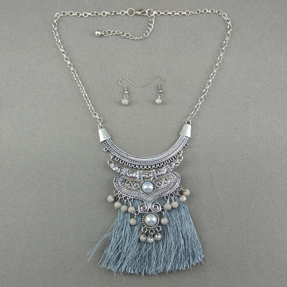 Boho gem studded thread tassel pendant necklace with earrings - GlitterGleam