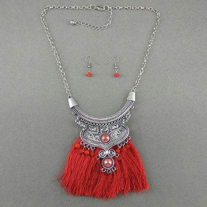 Boho gem studded thread tassel pendant necklace with earrings - GlitterGleam