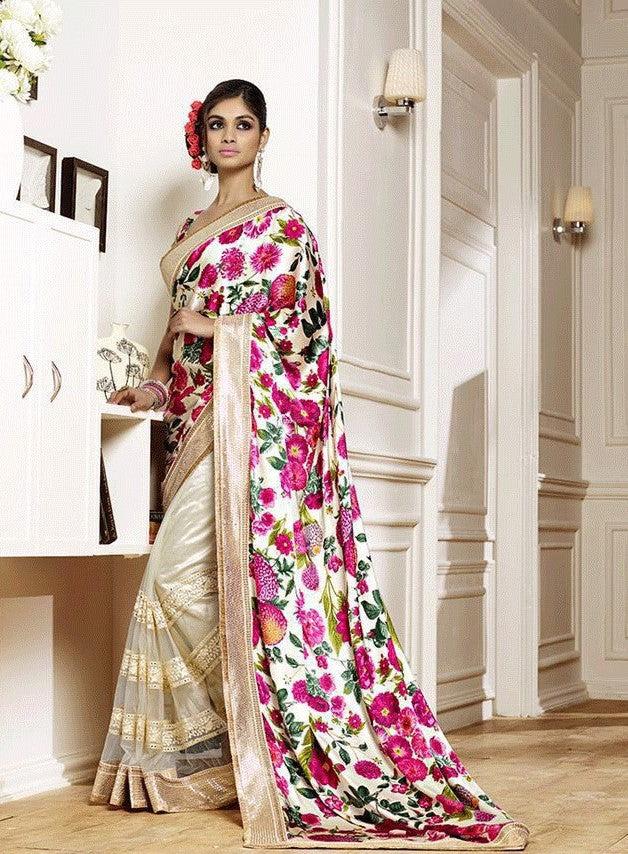 Gorgeous White and Pink Net Half-Half Saree with Floral Print Aanchal and Blouse - GlitterGleam