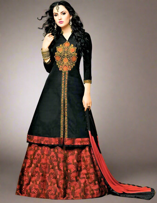 Designer Black and Red Silk Semi-Stitched Lehenga Skirt - GlitterGleam
