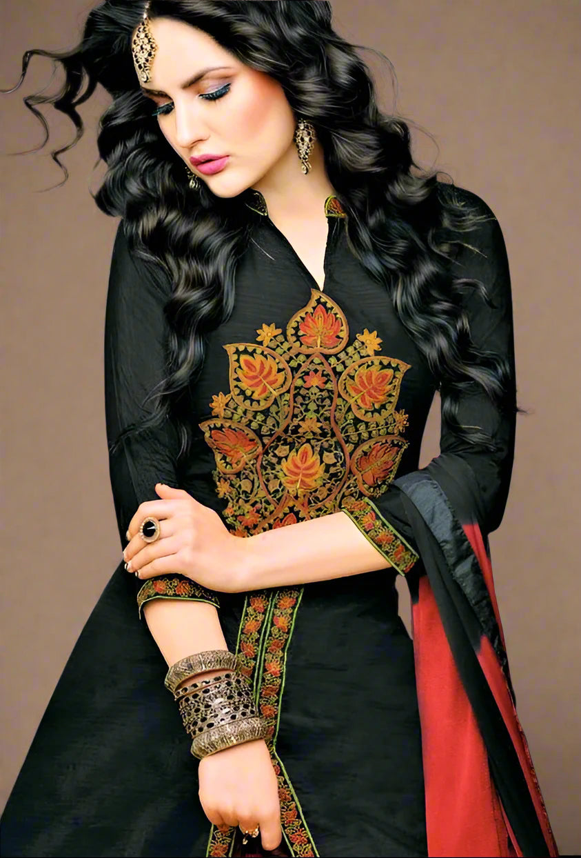 Designer Black and Red Silk Semi-Stitched Lehenga Skirt - GlitterGleam