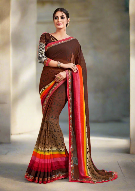 Brown Georgette Saree with Multicolored Print - GlitterGleam